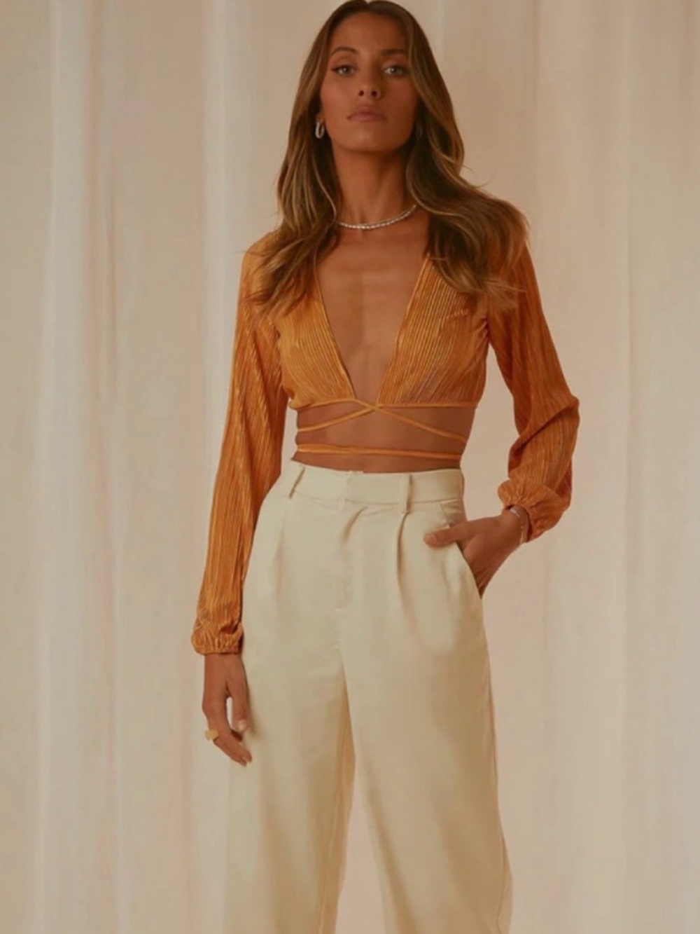 Peppermayo Pleated Tie-Front Crop Long Sleeve Top Rust Orange Gold Party US 6